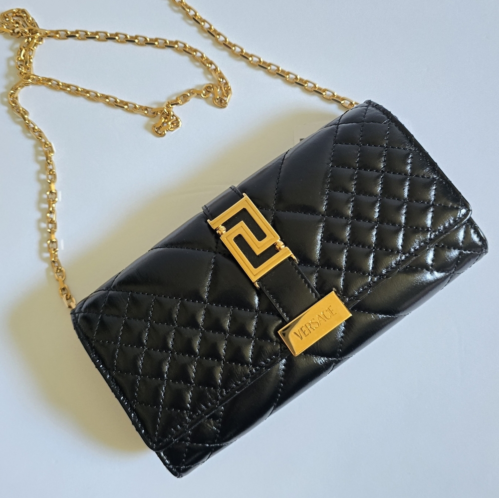 Versace Greca Goddess Mini Quilted Patent Leather Crossbody / Clutch Black - Picture 6 of 13